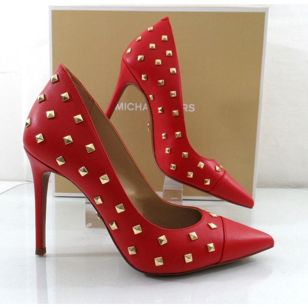 Michael Kors Keke Toe Cap Pump Pointy Pyramid Studs Leather Crimson Red - Picture 5 of 10